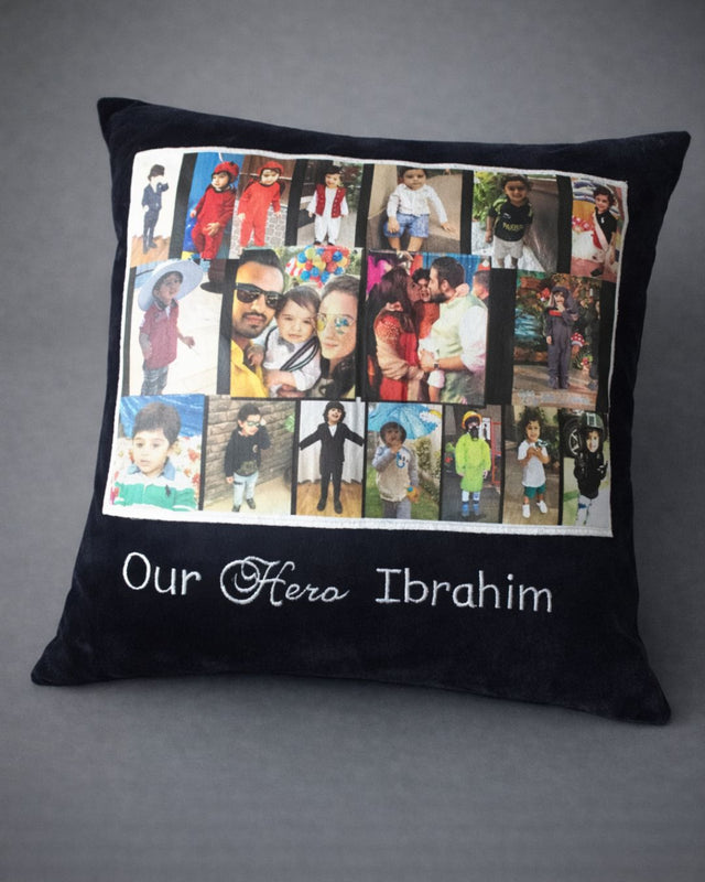 Our Hero Collage Cushion, black velvet name cushion with name embroidery