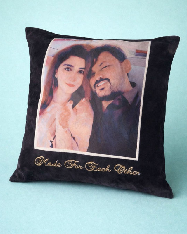 Made For Each Other, black velvet name cushion with name embroidery