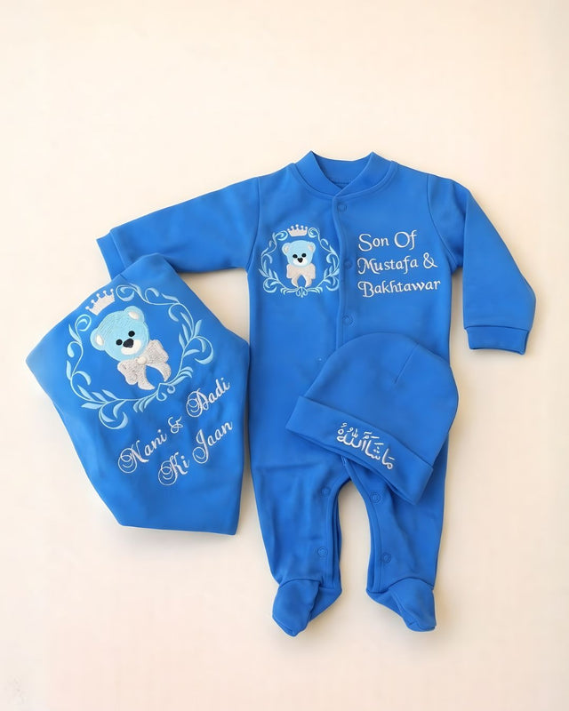 Nani & Dadi Ki Jaan, blended fabric 3 piece newborn set with name embroidery