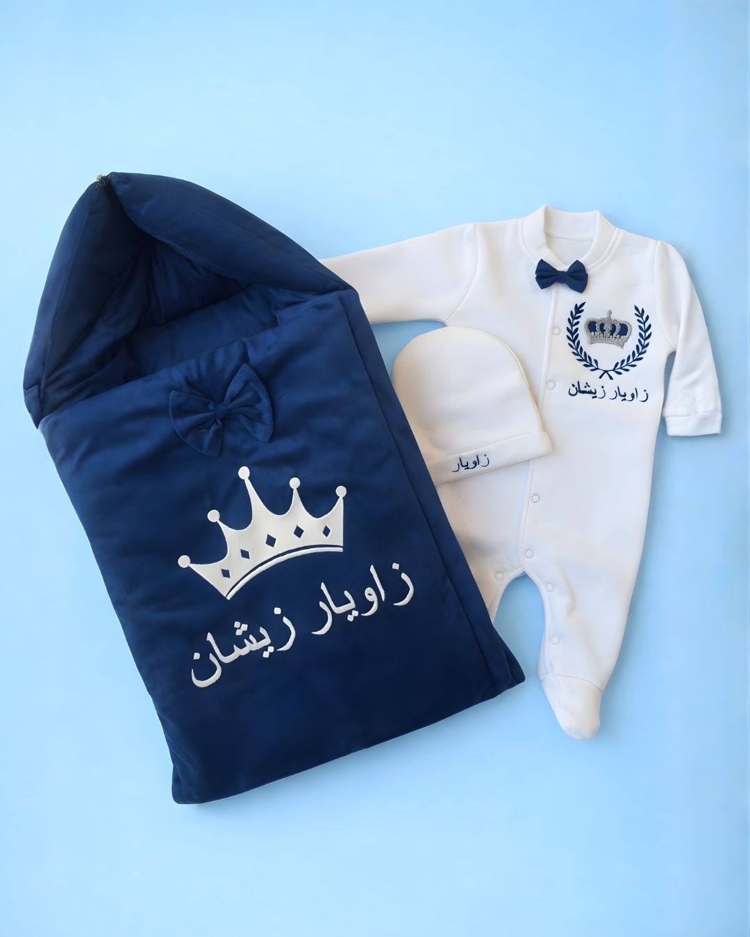 Prince Crown Set, velvet 3 piece newborn set with name embroidery