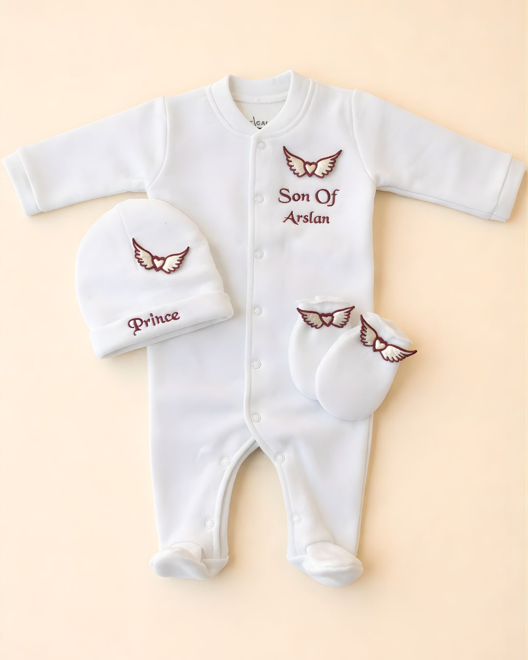Angel Heart Set, blended fabric 3 piece newborn set with name embroidery