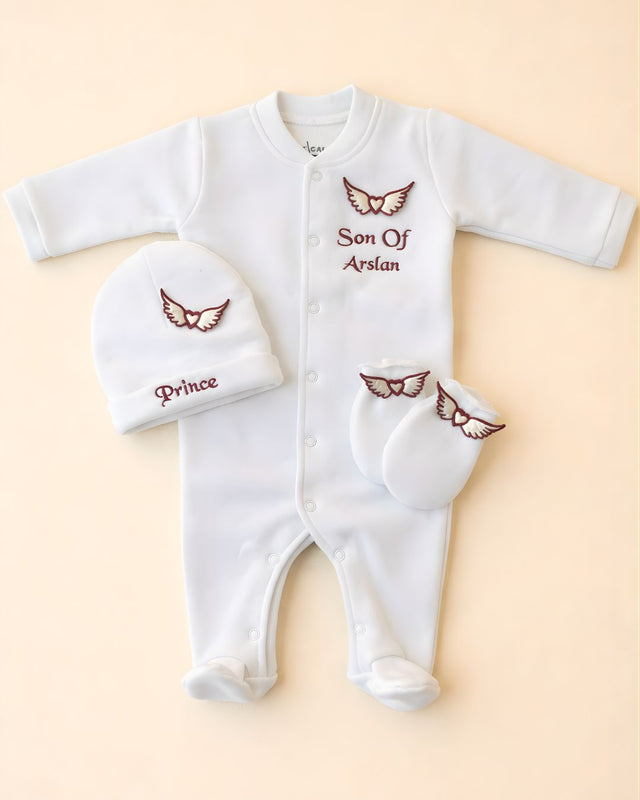 Angel Heart Set, blended fabric 3 piece newborn set with name embroidery