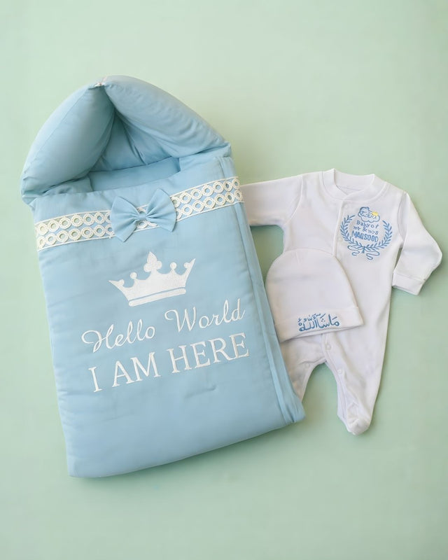 Baby Blue Set, cotton satin 3 piece newborn set with name embroidery