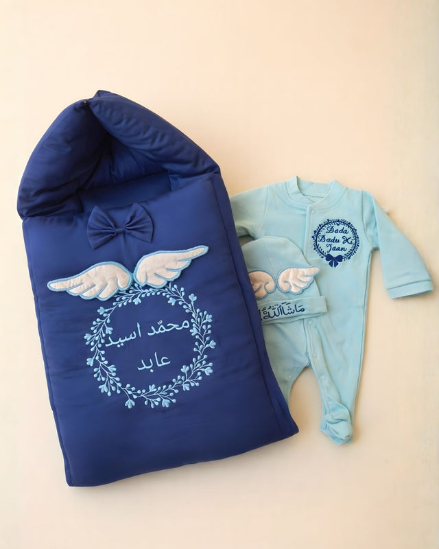 Dada Dadu Ki Jaan, cotton satin 3 piece newborn set with name embroidery
