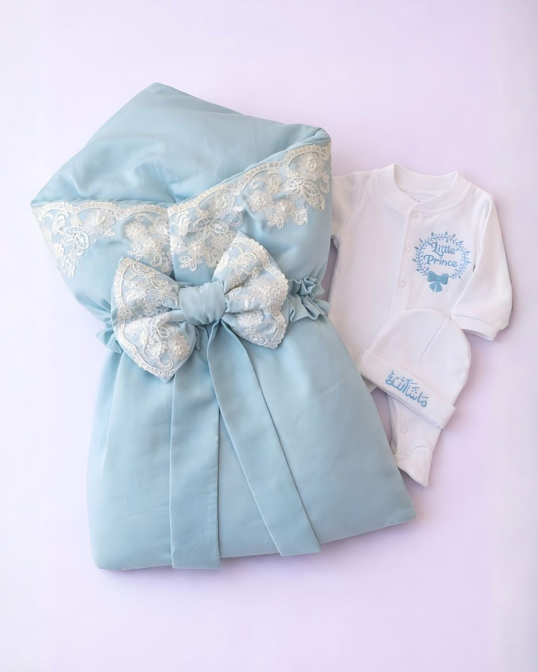 Lace Prince Set, cotton satin 3 piece newborn set with name embroidery