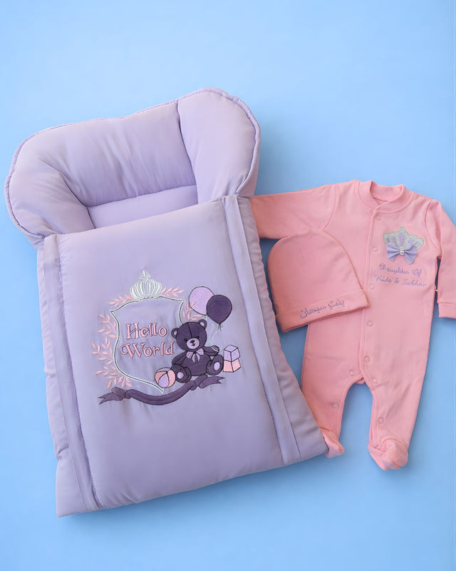 Hello Girl, cotton satin 3 piece newborn set with name embroidery