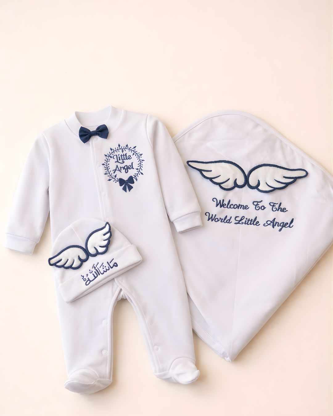 Little Angel Sheet Set, blended fabric 3 piece newborn set with name embroidery