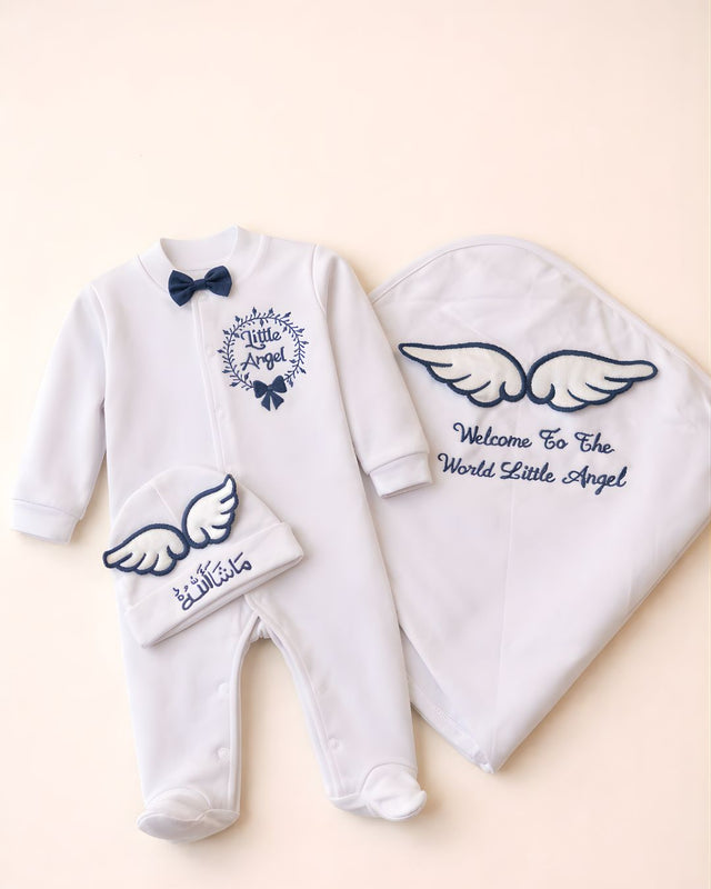 Little Angel Sheet Set, blended fabric 3 piece newborn set with name embroidery