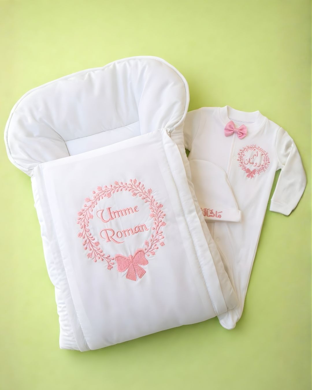 White Girl Set, cotton satin 3 piece newborn set with name embroidery