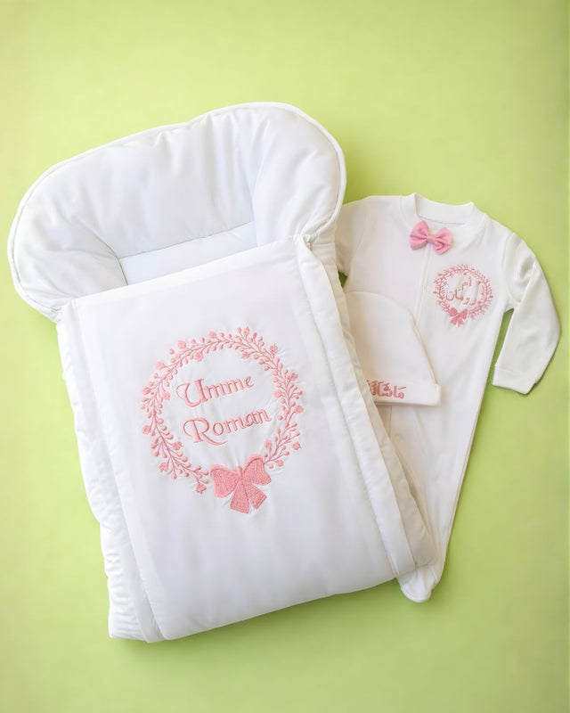 White Girl Set, cotton satin 3 piece newborn set with name embroidery
