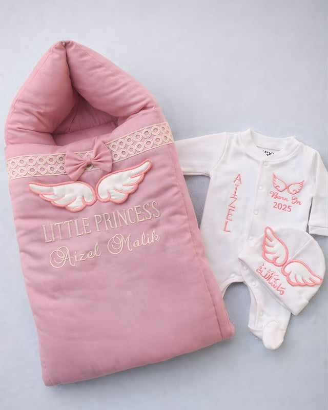 Princess Angel Set, cotton satin 3 piece newborn set with name embroidery