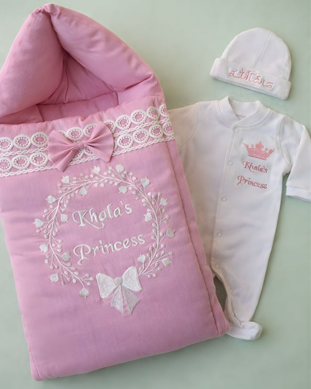 Khala’s Princess, cotton satin 3 piece newborn set with name embroidery