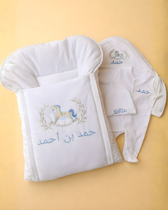 Horse Cradle Set, 4 piece newborn set with name embroidery