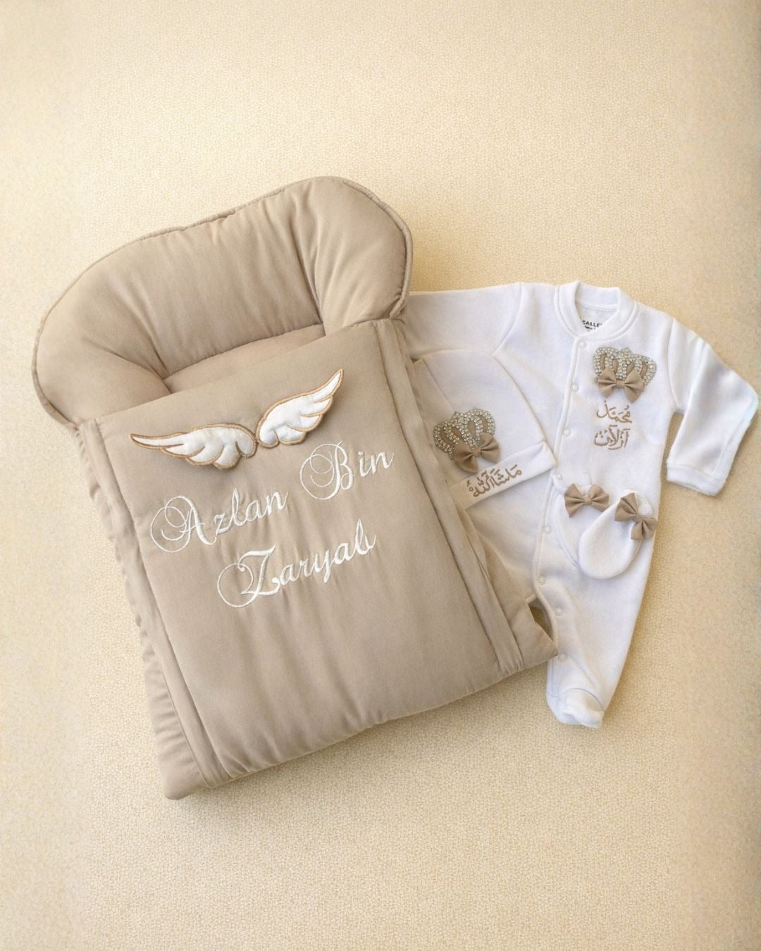 Khaki 4 Piece Rhinestone Set, 4 piece newborn set with name embroidery
