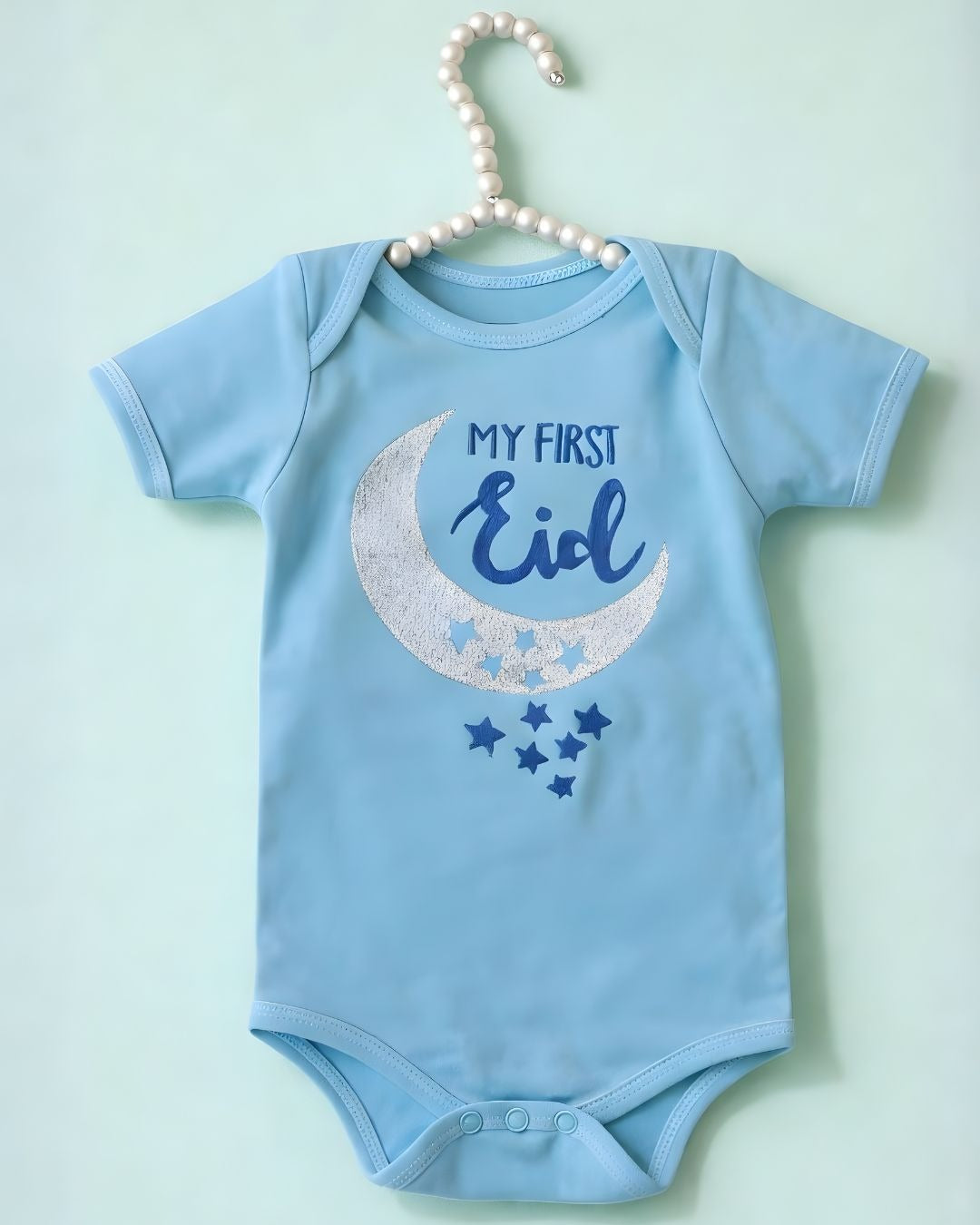 Summer Blue Eid, blended fabric baby outfit with name embroidery