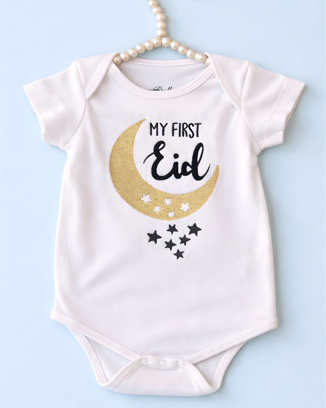 My First Eid, blended fabric baby outfit with name embroidery