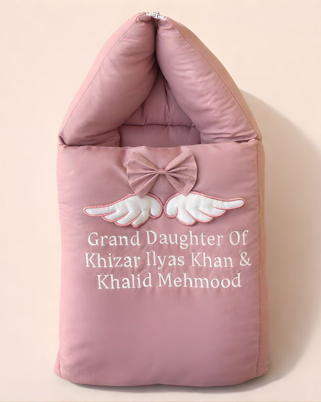 Tea Pink Wings, cotton satin baby carry nest with name embroidery