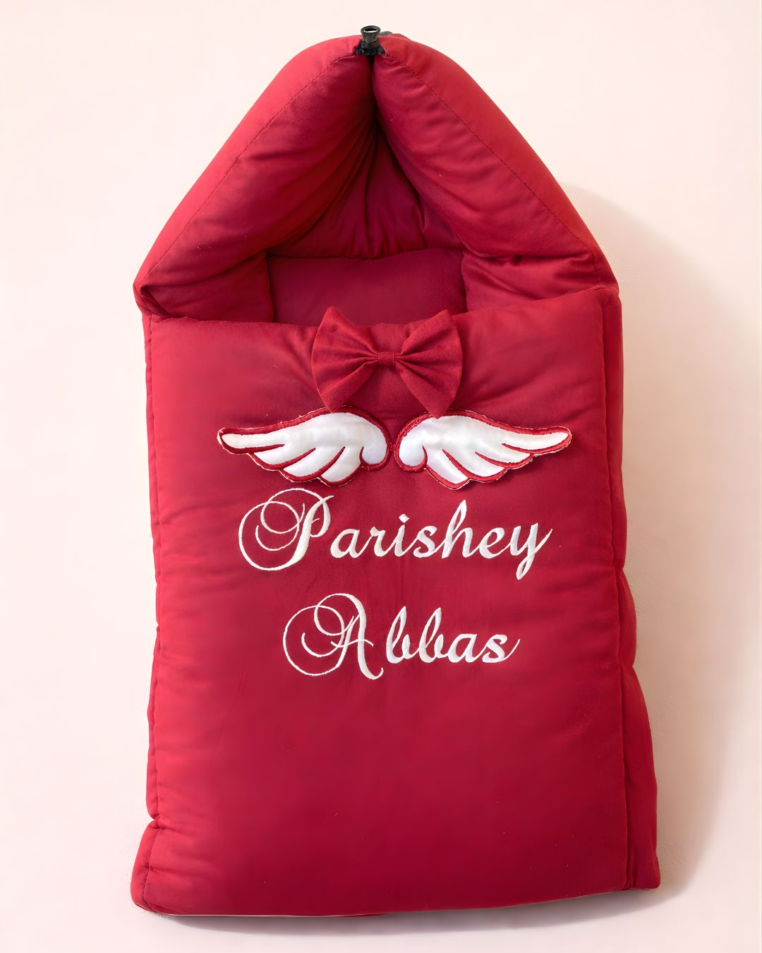 Maroon Wings, cotton satin baby carry nest with name embroidery