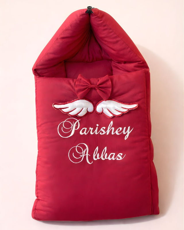 Maroon Wings, cotton satin baby carry nest with name embroidery