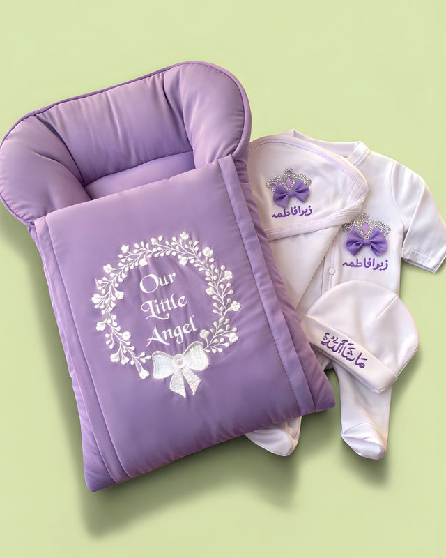 Purple Bow Set, cotton satin 4 piece newborn set with name embroidery