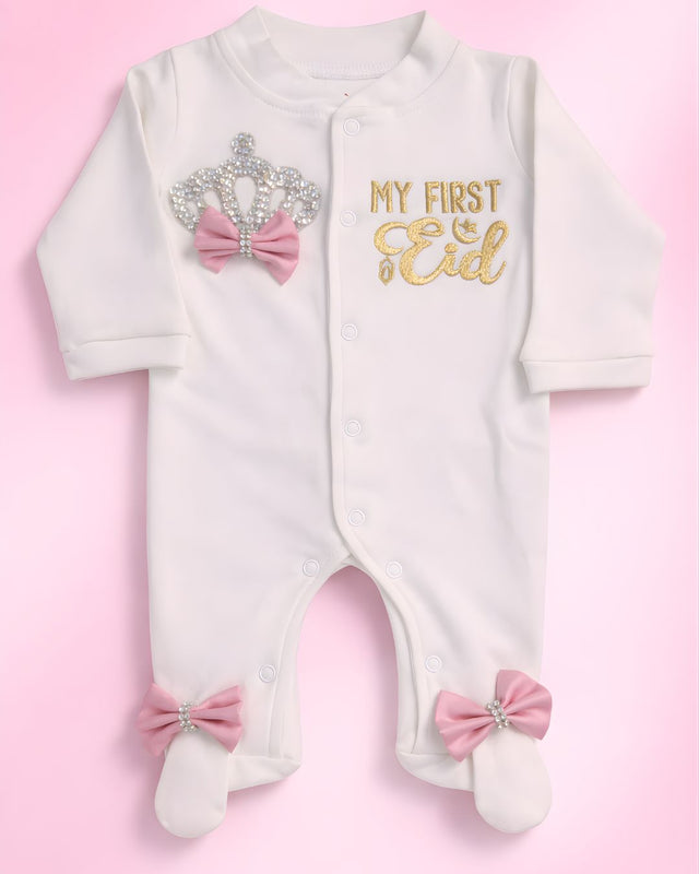 Eid Pink Bows, blended fabric baby outfit with name embroidery