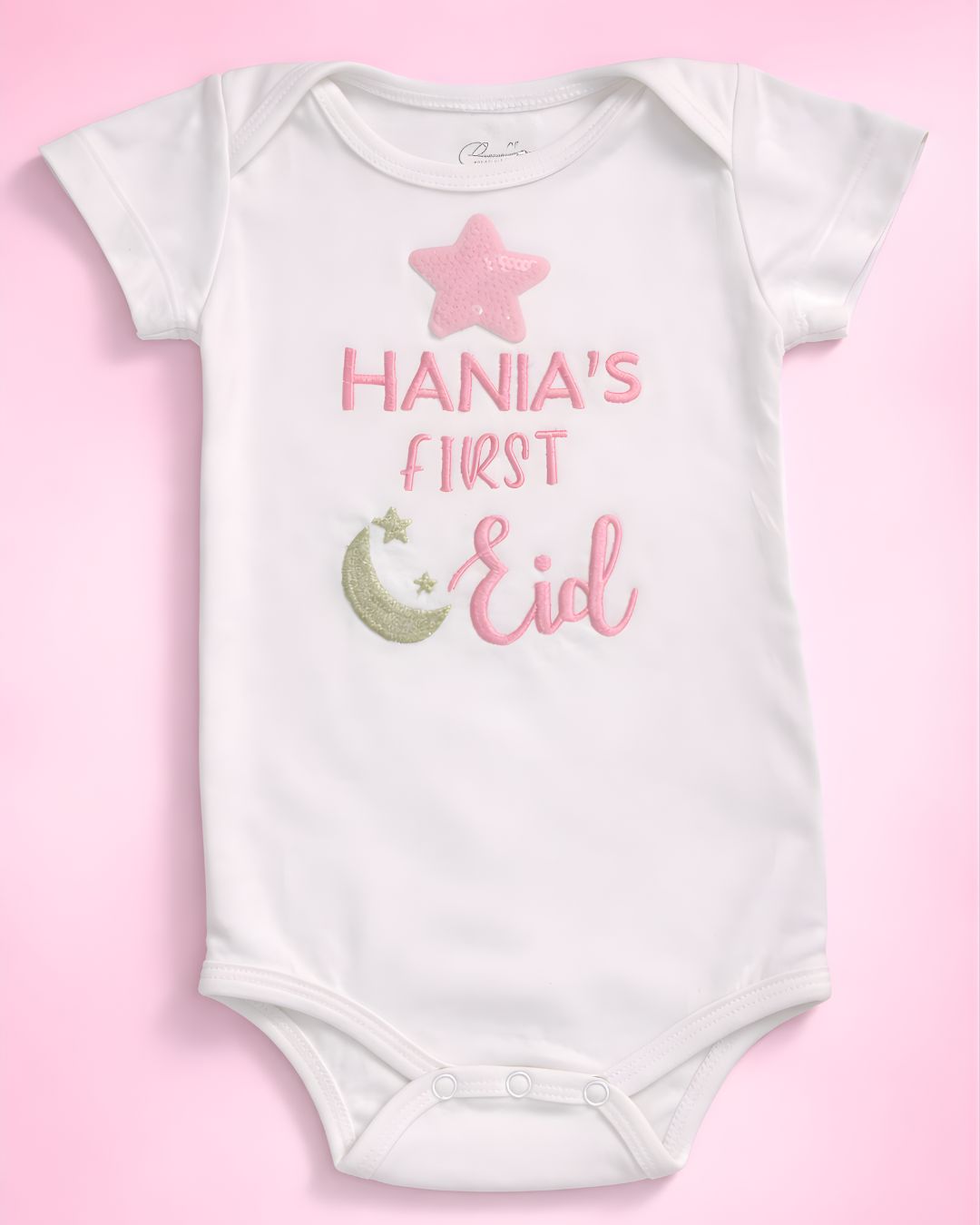 Eid Onesie, blended fabric baby bodysuit with name embroidery