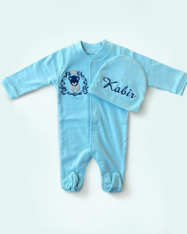 Baby Bear, blended fabric 2 piece newborn set with name embroidery