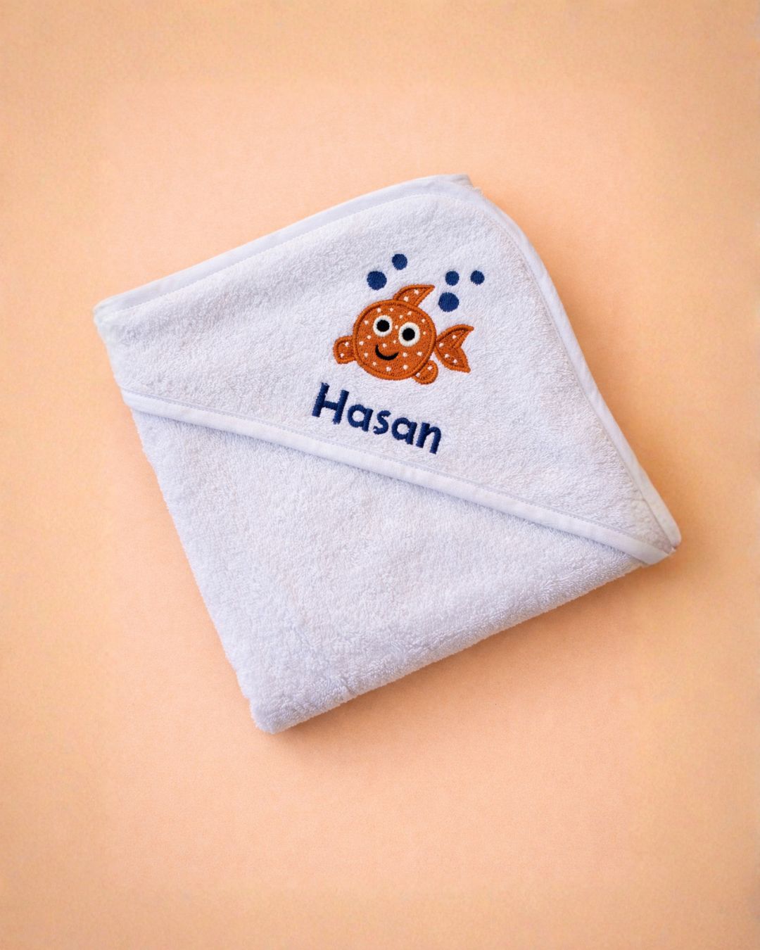 Baby Fish Towel, white cotton baby towel with name embroidery