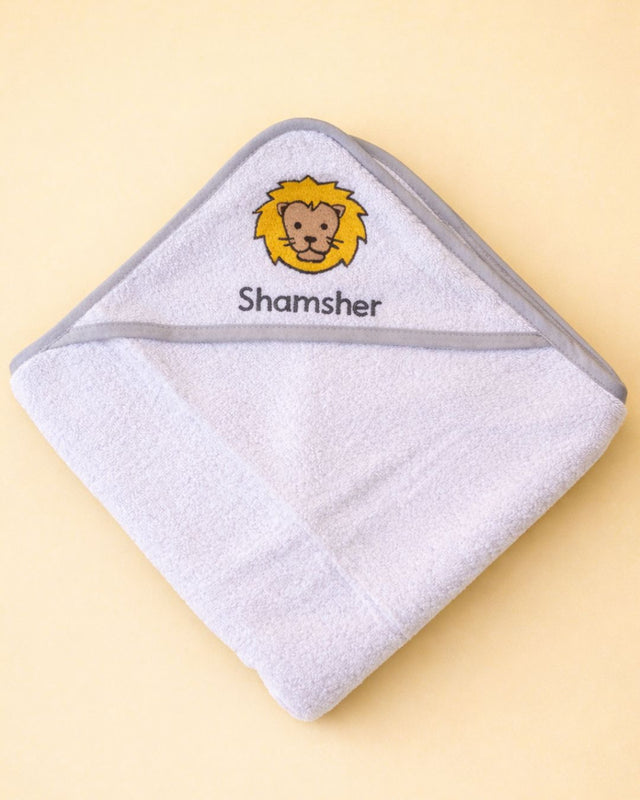 Baby Lion Towel, white cotton baby towel with name embroidery