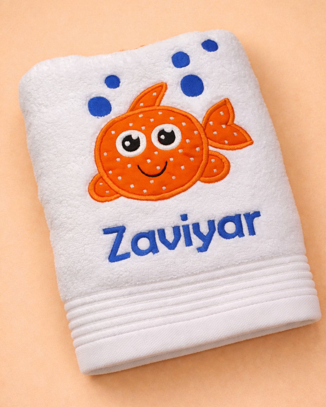 Kids Fish Towel, white cotton baby towel with name embroidery