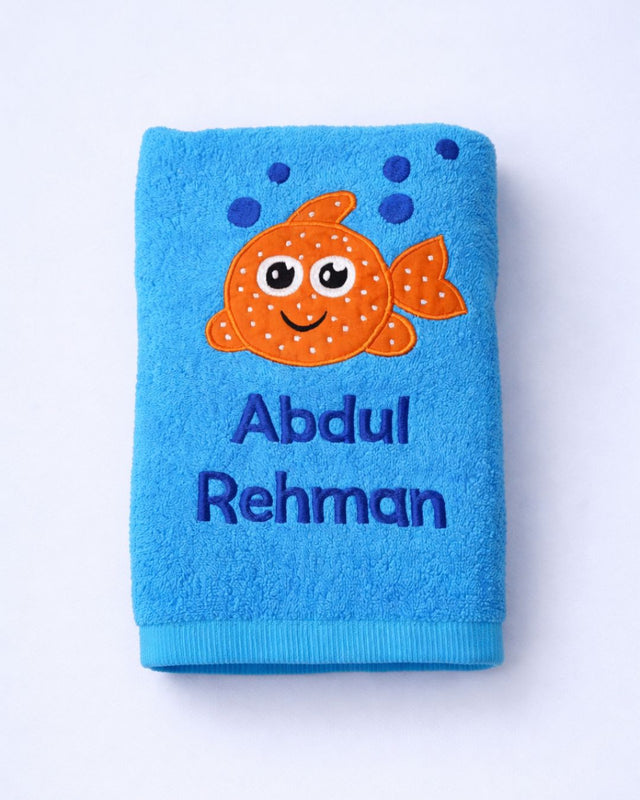 Blue Sea Fish Towel, blue cotton baby towel with name embroidery
