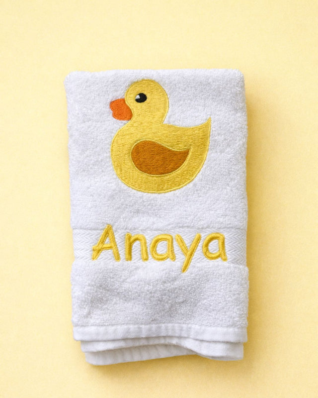 Yellow Duck Towel, white cotton baby towel with name embroidery