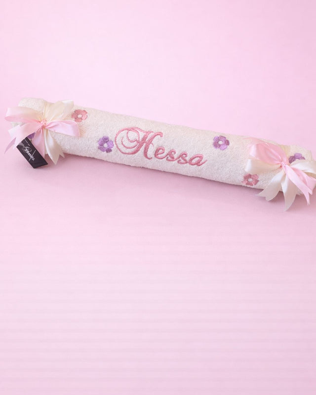 Signature Towel, white cotton kids towel with floral embroidery and name embroidery