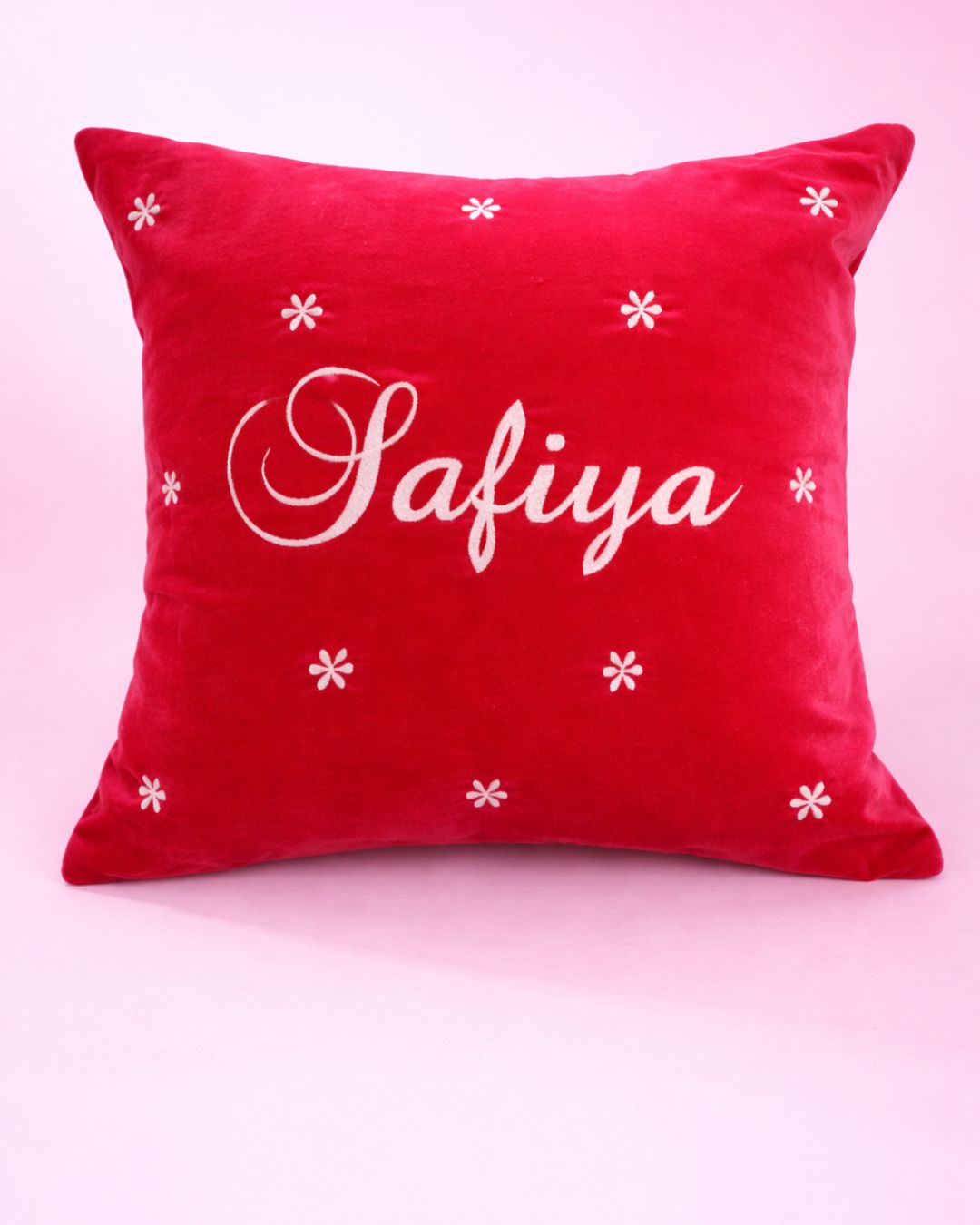 Red Name Cushion, red velvet name cushion with name embroidery