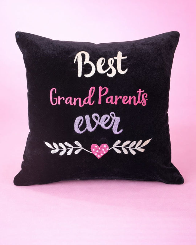 Best Grandparents, black velvet name cushion with name embroidery