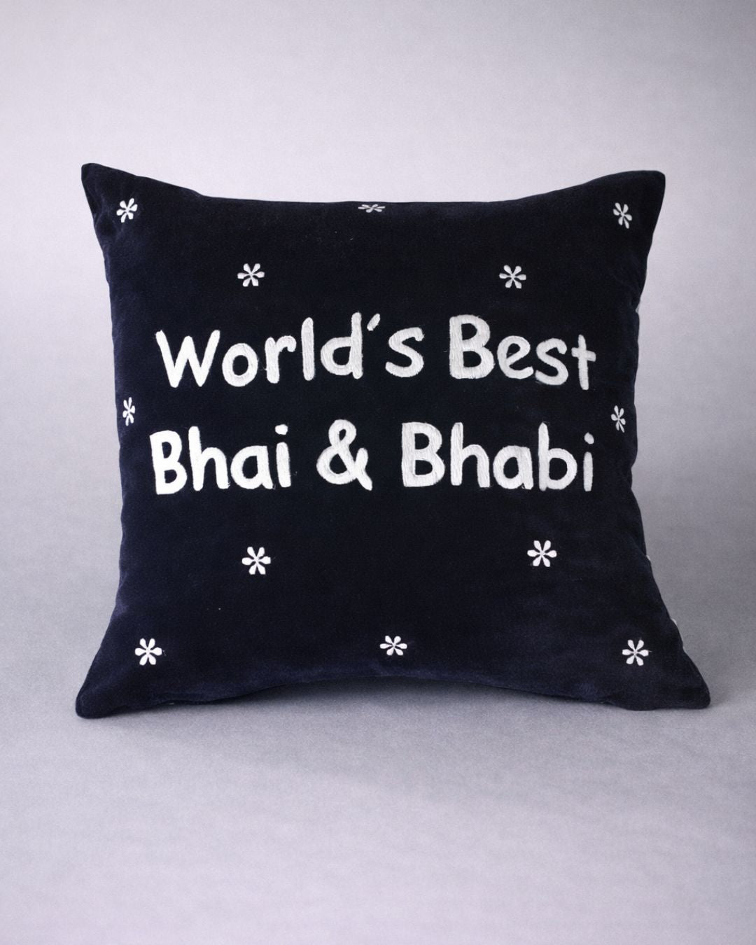 Bhai & Bhabi Cushion, black velvet name cushion with name embroidery