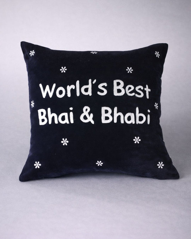 Bhai & Bhabi Cushion, black velvet name cushion with name embroidery