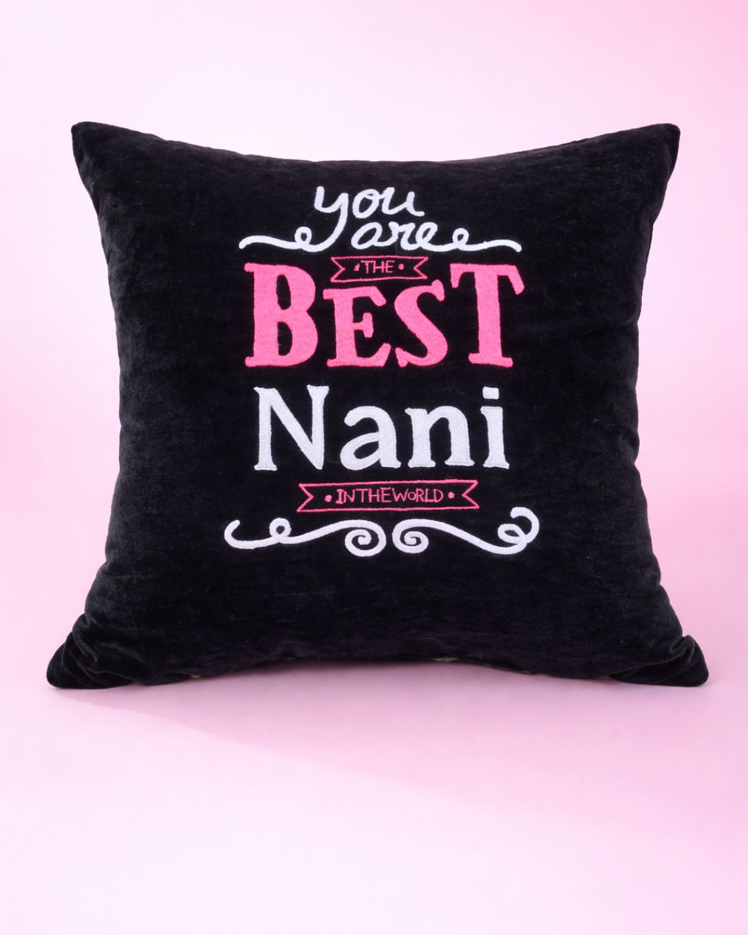 Best Nani Cushion, black velvet name cushion with name embroidery