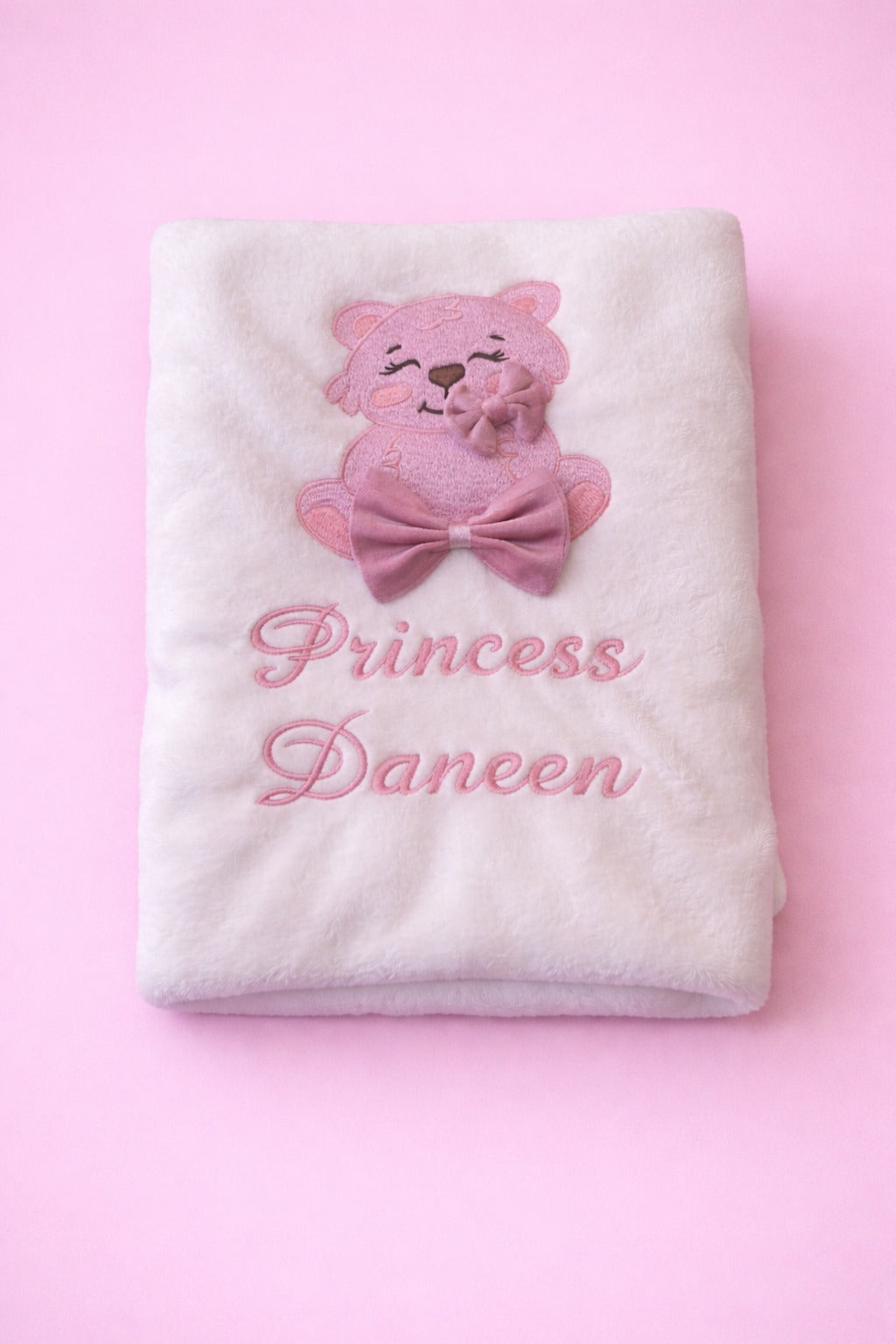Velvet Bear Baby Blanket, white fleece baby blanket with pink bear embroidery and name embroidery