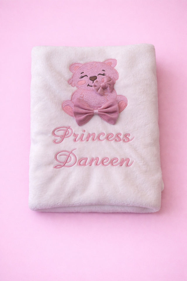 Velvet Bear Baby Blanket, white fleece baby blanket with pink bear embroidery and name embroidery