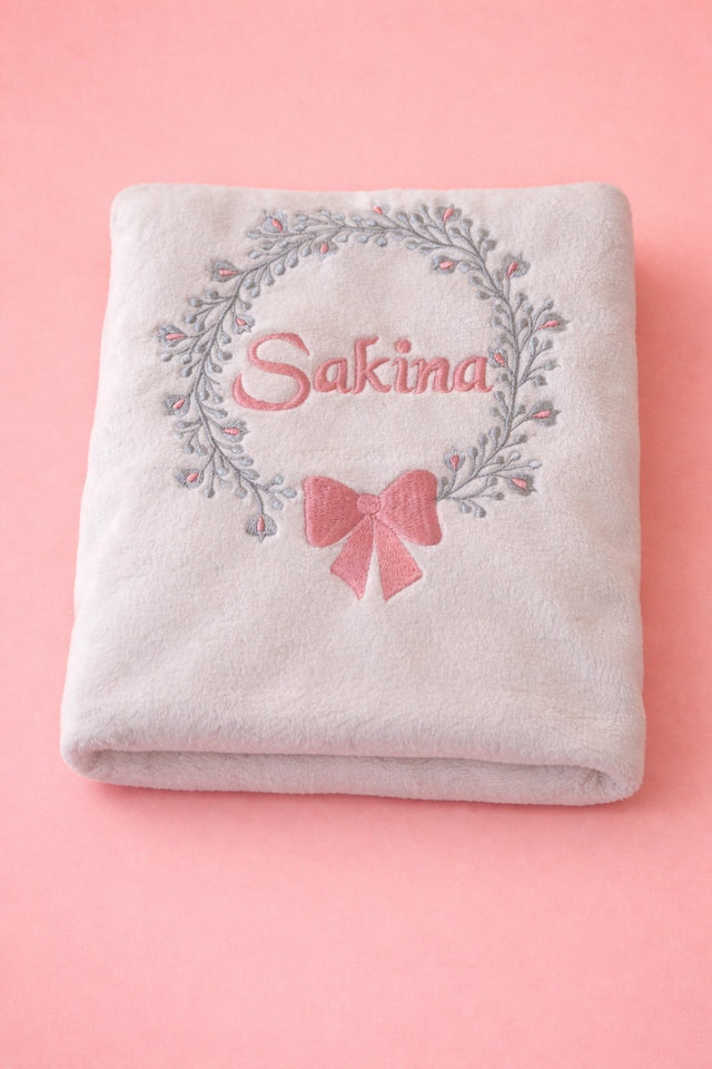 Floral Bow Baby Blanket, white fleece baby blanket with name embroidery