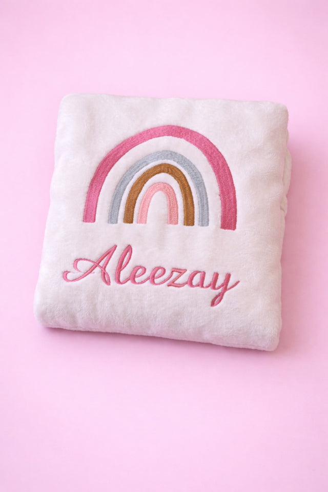 Rainbow Baby Blanket, white fleece baby blanket with name embroidery