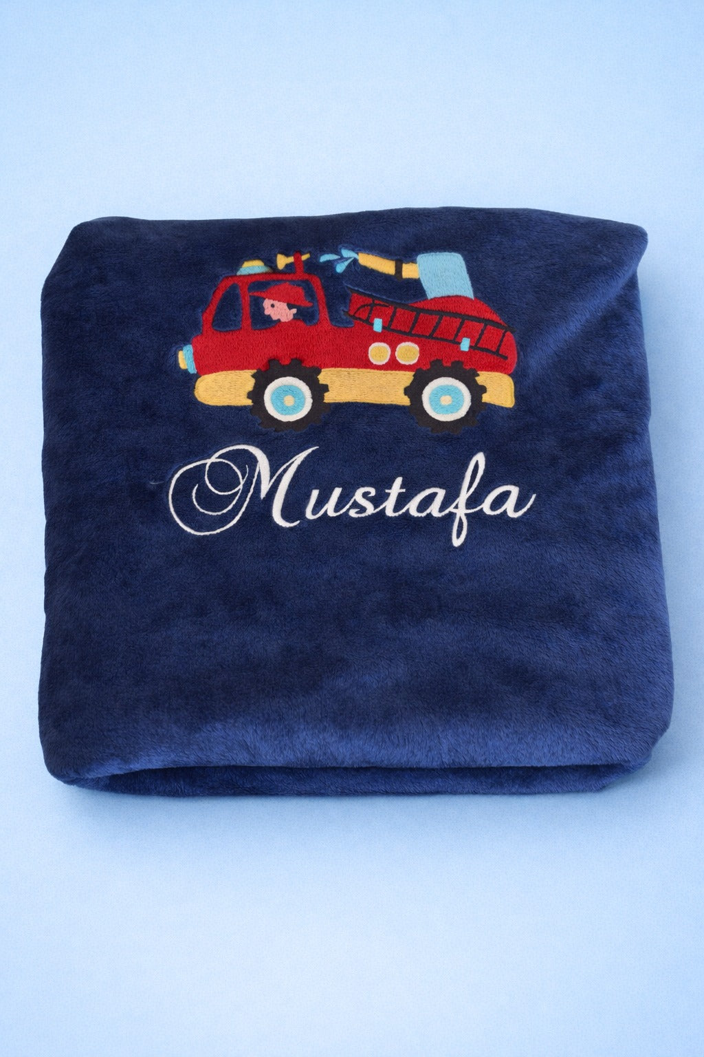 Firetruck Baby Blanket, blue fleece baby blanket with name embroidery