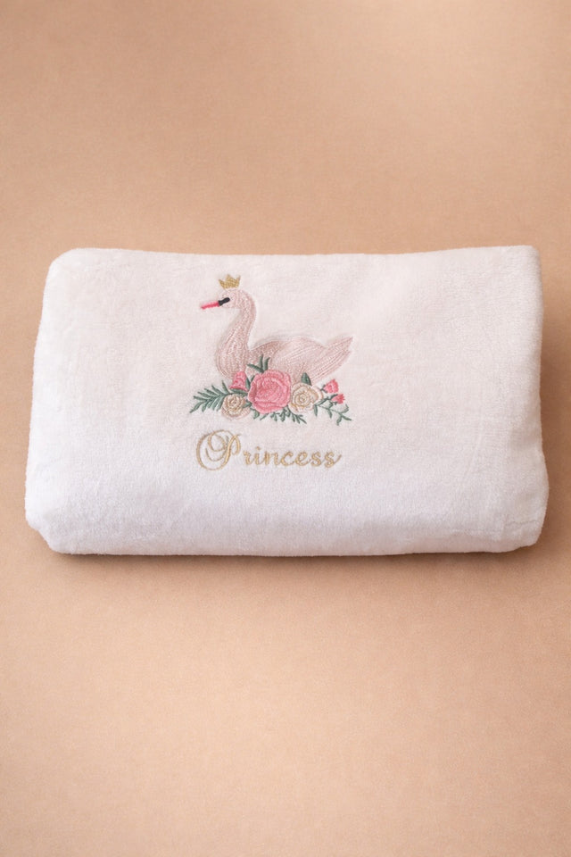 Swan Baby Blanket, white fleece baby blanket with name embroidery