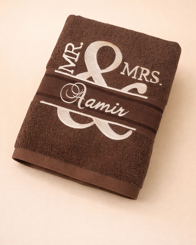 Mr & Mrs Bath, cotton towel with name embroidery
