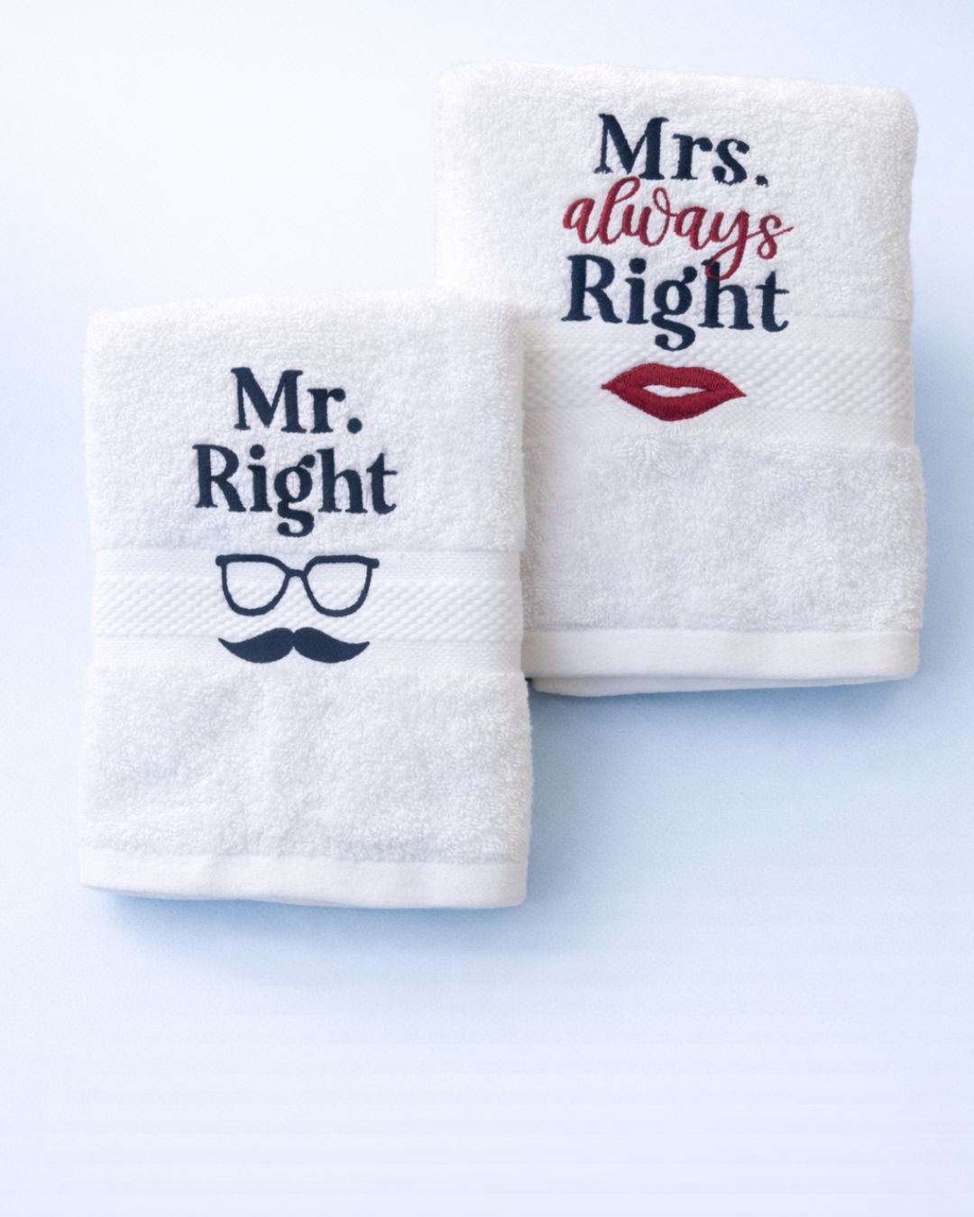 Mr Right Mrs Always Right, cotton towel with name embroidery