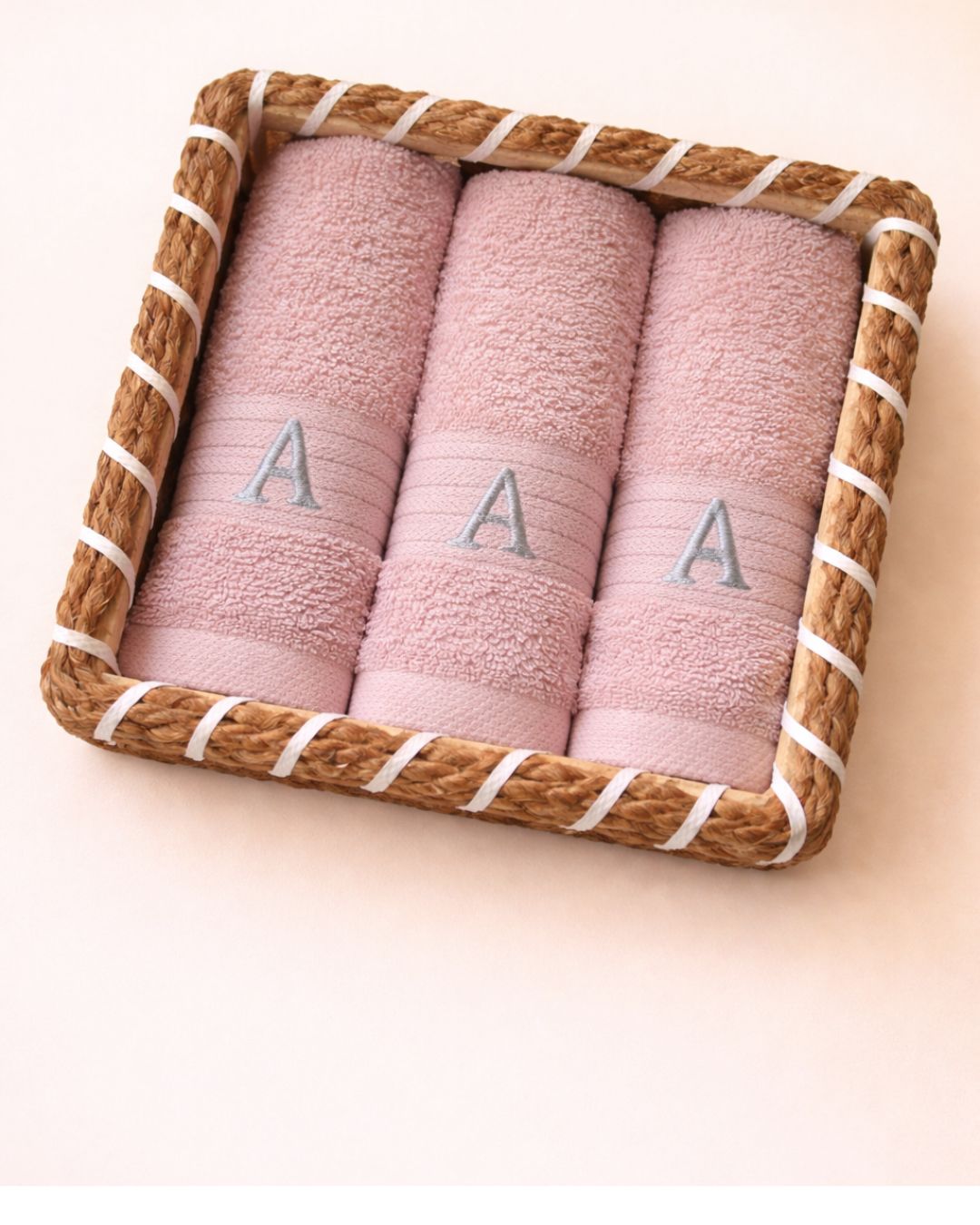 Alphabet Towel Basket, towel gift basket, 100 % cotton, 13 by 13 inches each, Pink option