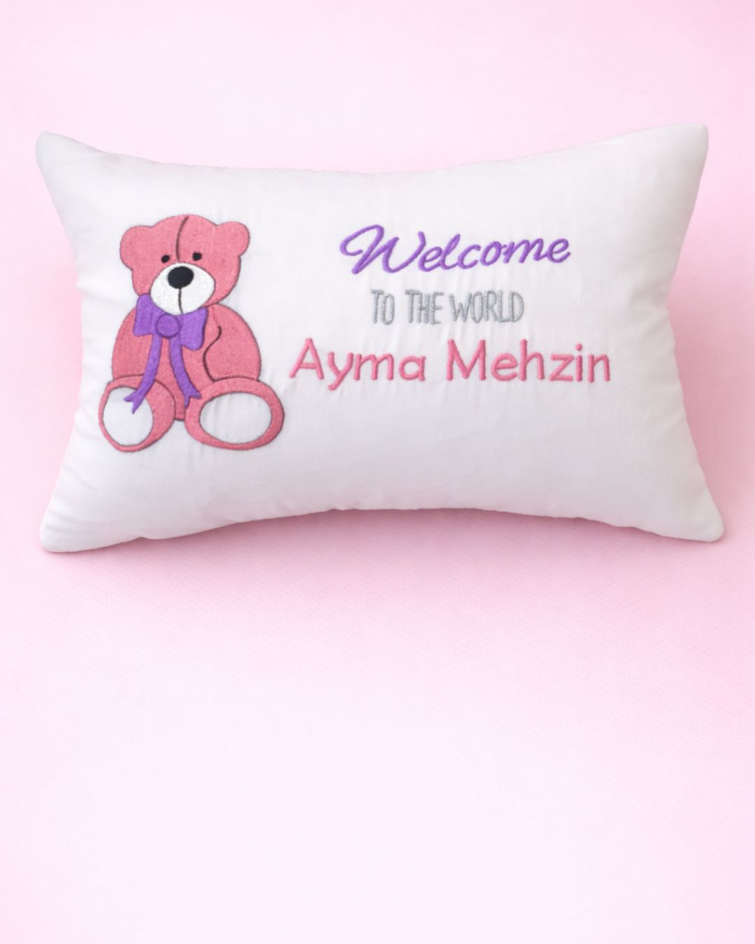 Bear Welcome Cushion, white velvet baby cushion with teddy bear embroidery and name embroidery