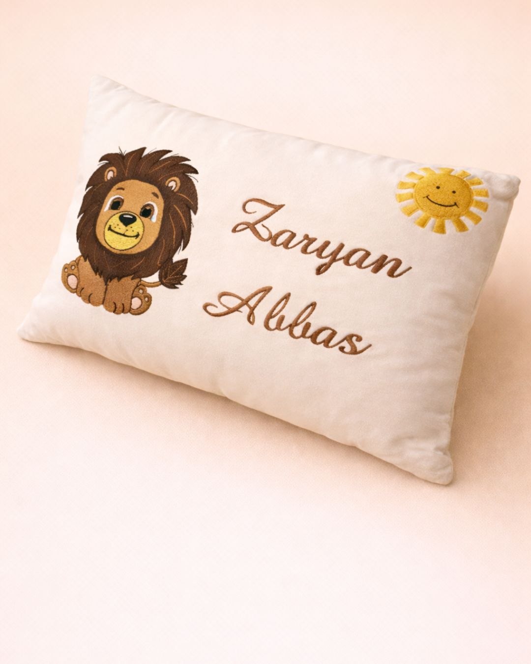 Lion Cushion, white velvet baby cushion with name embroidery