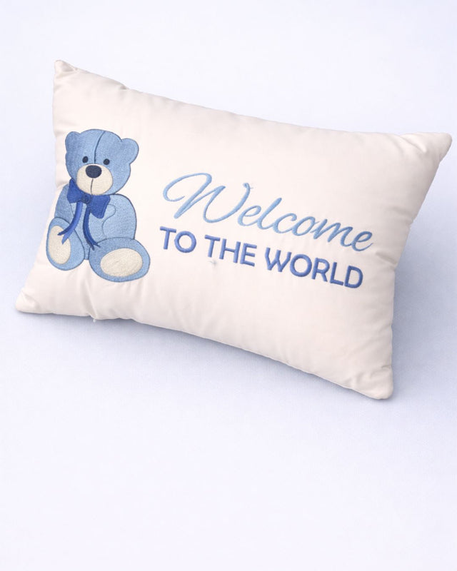 Welcome Bear Cushion, white velvet baby cushion with name embroidery